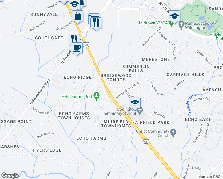 map of restaurants, bars, coffee shops, grocery stores, and more near 4156 Breezewood Drive in Wilmington