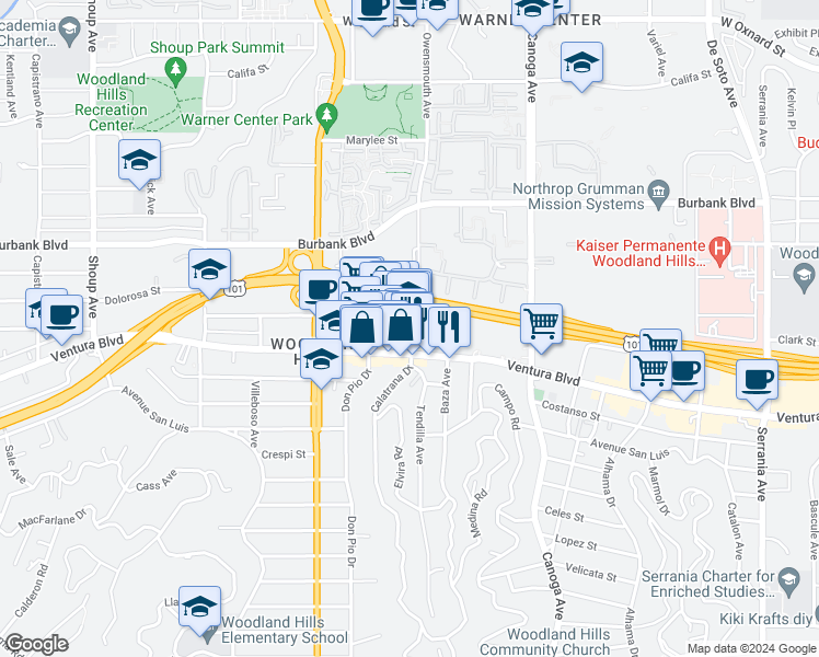 map of restaurants, bars, coffee shops, grocery stores, and more near 21781 Ventura Boulevard in Los Angeles