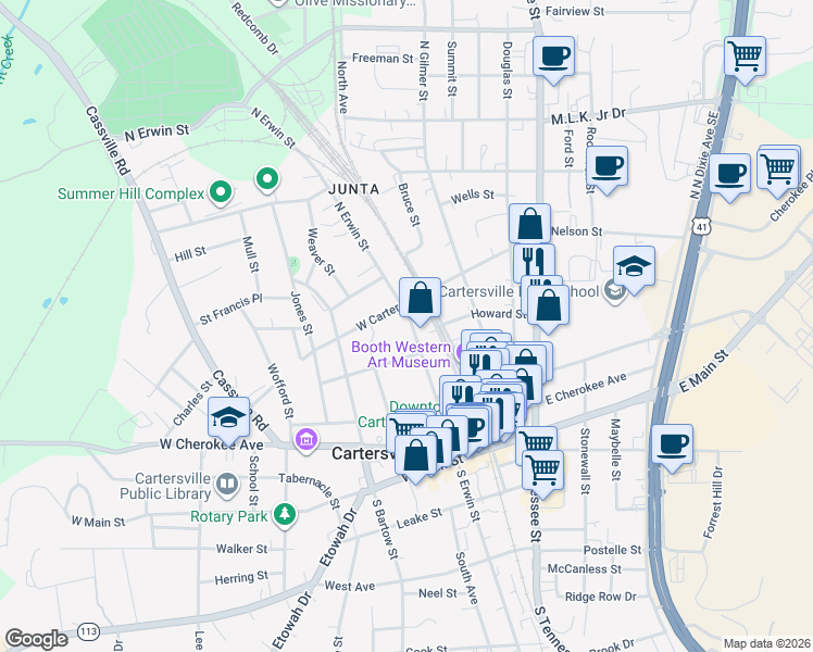 map of restaurants, bars, coffee shops, grocery stores, and more near 125 North Erwin Street in Cartersville