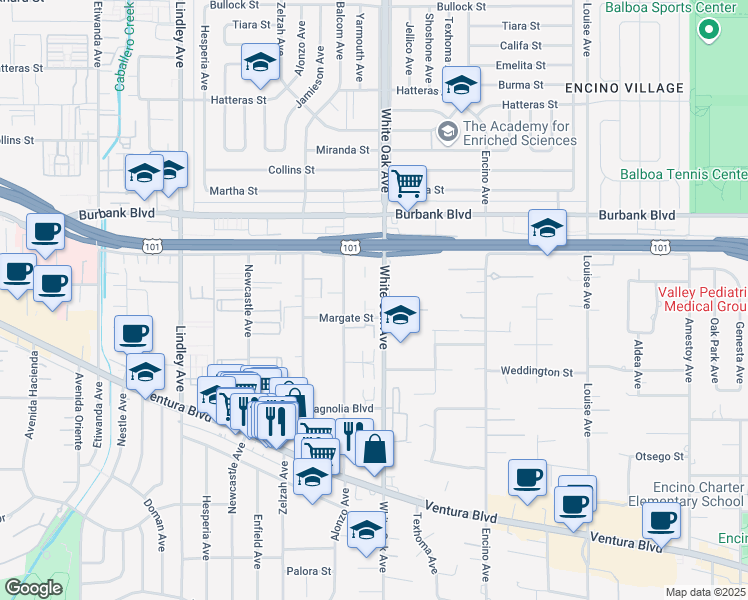 map of restaurants, bars, coffee shops, grocery stores, and more near 17711 Margate Street in Los Angeles