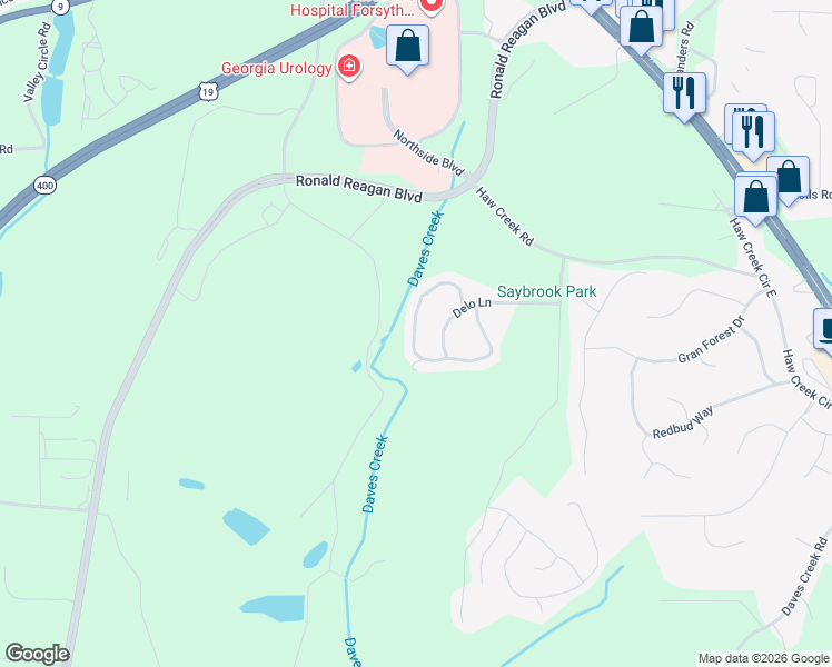 map of restaurants, bars, coffee shops, grocery stores, and more near 1580 Apple Blossom Drive in Cumming