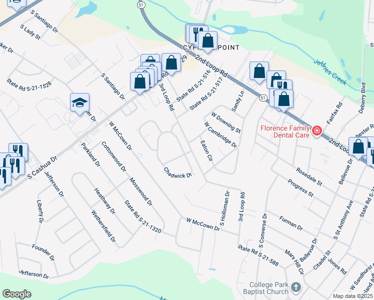 map of restaurants, bars, coffee shops, grocery stores, and more near 1523 Oxford Street in Florence