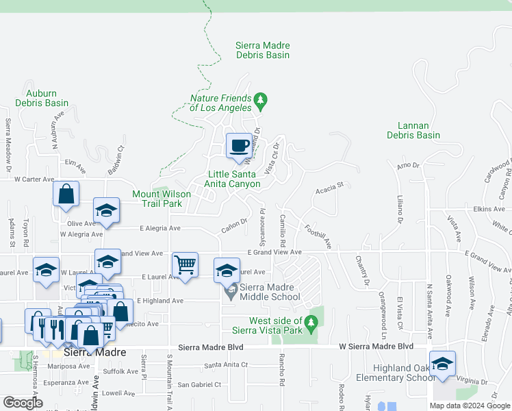 map of restaurants, bars, coffee shops, grocery stores, and more near 413 Sycamore Place in Sierra Madre