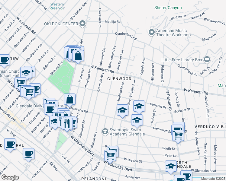 map of restaurants, bars, coffee shops, grocery stores, and more near 1412 Norton Avenue in Glendale