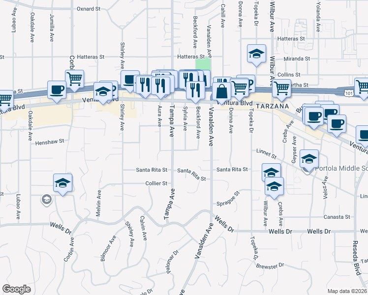 map of restaurants, bars, coffee shops, grocery stores, and more near 5433 Sylvia Avenue in Los Angeles