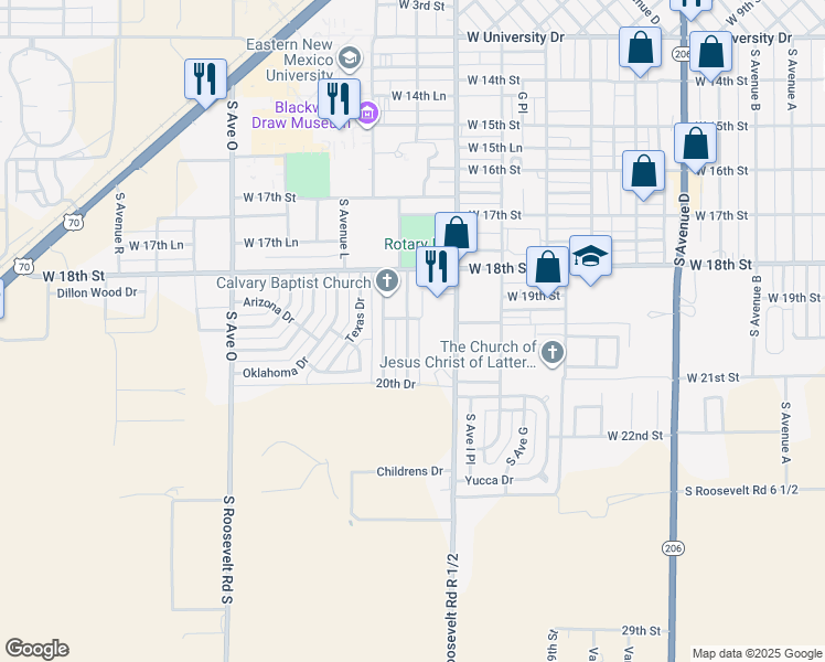 map of restaurants, bars, coffee shops, grocery stores, and more near 205 Utah Drive in Portales