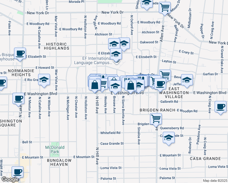 map of restaurants, bars, coffee shops, grocery stores, and more near 1381 Bresee Avenue in Pasadena