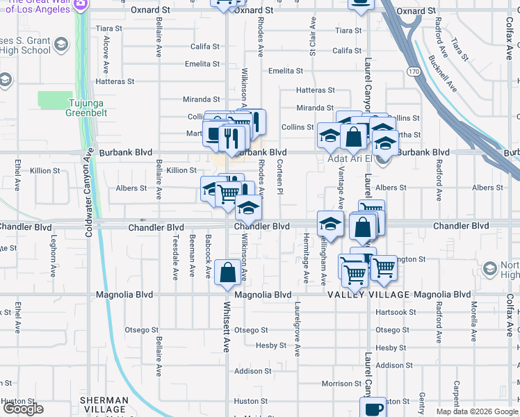 map of restaurants, bars, coffee shops, grocery stores, and more near 5445 Corteen Place in Los Angeles