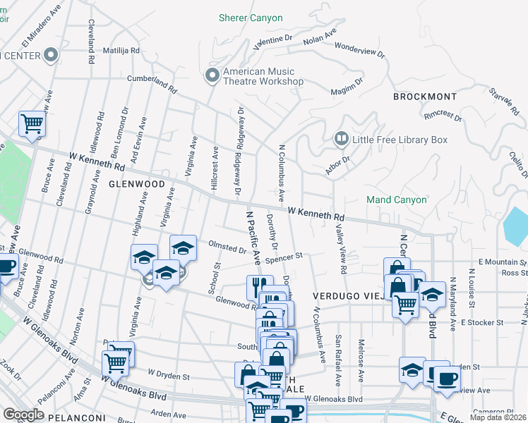 map of restaurants, bars, coffee shops, grocery stores, and more near 430 West Kenneth Road in Glendale