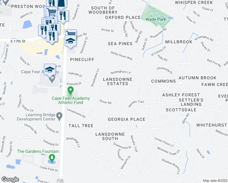 map of restaurants, bars, coffee shops, grocery stores, and more near in Wilmington
