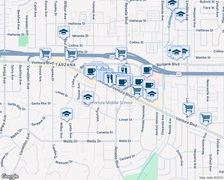 map of restaurants, bars, coffee shops, grocery stores, and more near 18547 Ventura Boulevard in Los Angeles