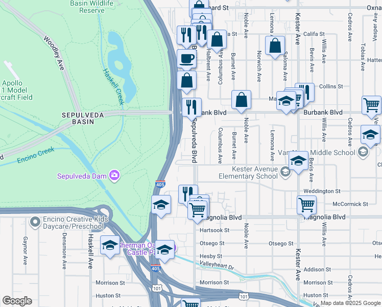 map of restaurants, bars, coffee shops, grocery stores, and more near 15304 Albers Street in Los Angeles