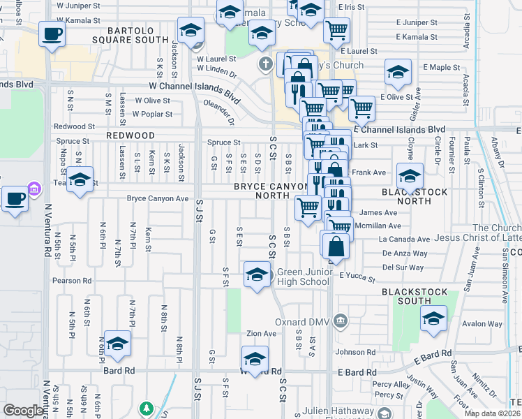 map of restaurants, bars, coffee shops, grocery stores, and more near 447 Bryce Canyon Avenue in Oxnard