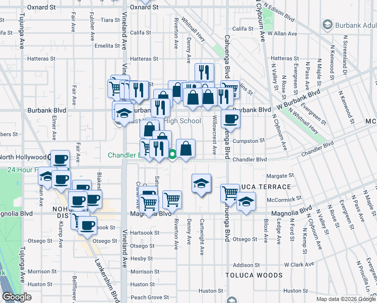 map of restaurants, bars, coffee shops, grocery stores, and more near 5425 Denny Avenue in Los Angeles