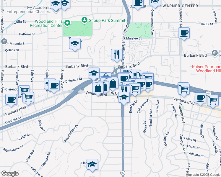 map of restaurants, bars, coffee shops, grocery stores, and more near 22044 Clarendon Street in Los Angeles