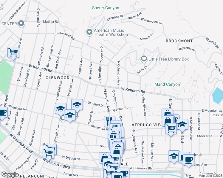 map of restaurants, bars, coffee shops, grocery stores, and more near 430 West Kenneth Road in Glendale