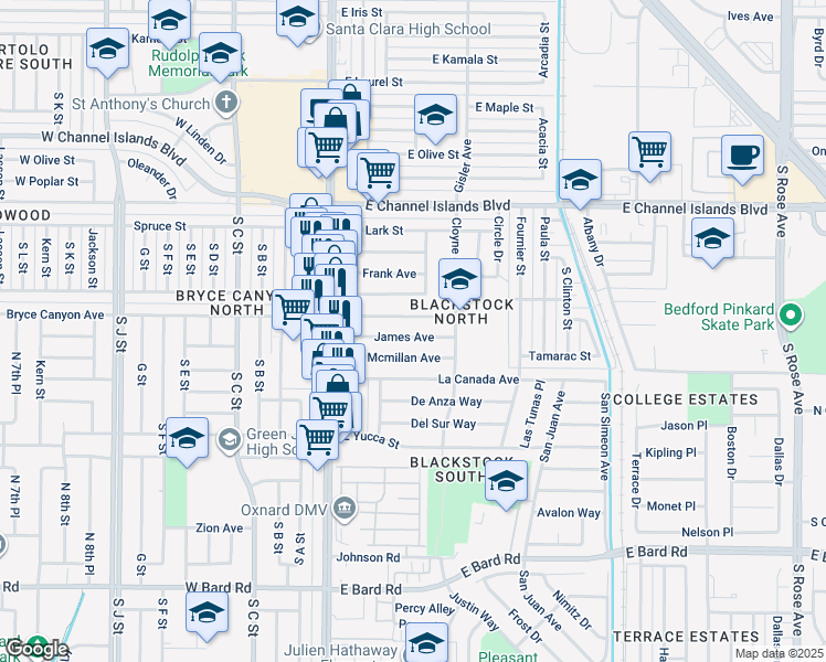 map of restaurants, bars, coffee shops, grocery stores, and more near 167 Thomas Avenue in Oxnard