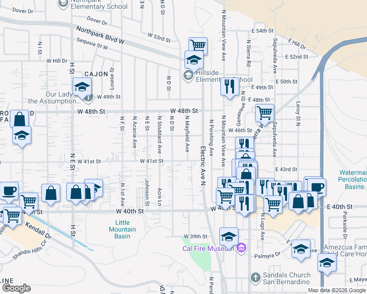 map of restaurants, bars, coffee shops, grocery stores, and more near 4596 North Mayfield Avenue in San Bernardino