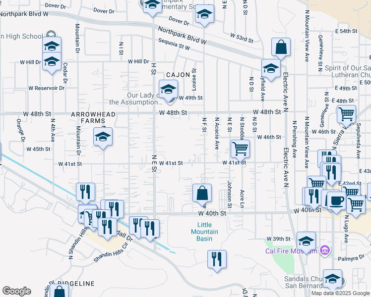 map of restaurants, bars, coffee shops, grocery stores, and more near 674 West 41st Street in San Bernardino County