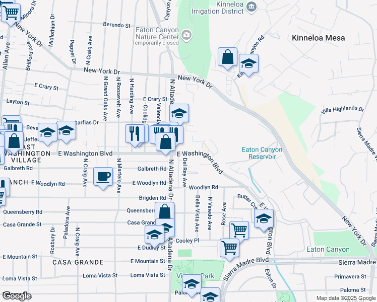map of restaurants, bars, coffee shops, grocery stores, and more near 2587 East Washington Boulevard in Pasadena