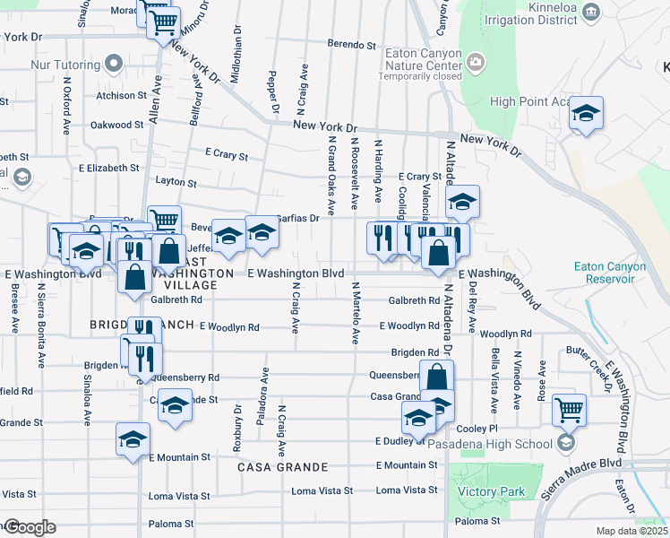 map of restaurants, bars, coffee shops, grocery stores, and more near 1391 North Grand Oaks Avenue in Pasadena