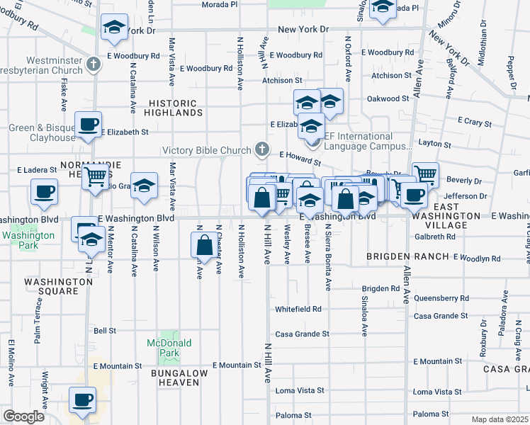 map of restaurants, bars, coffee shops, grocery stores, and more near 1385 North Hill Avenue in Pasadena