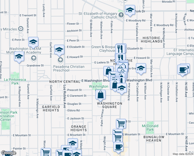 map of restaurants, bars, coffee shops, grocery stores, and more near 1396 North El Molino Avenue in Pasadena