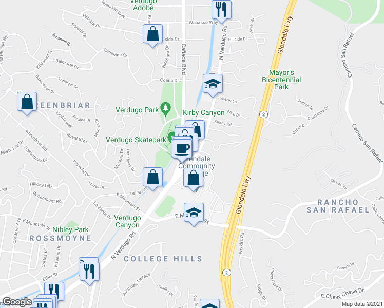 map of restaurants, bars, coffee shops, grocery stores, and more near 1559 The Midway Street in Glendale