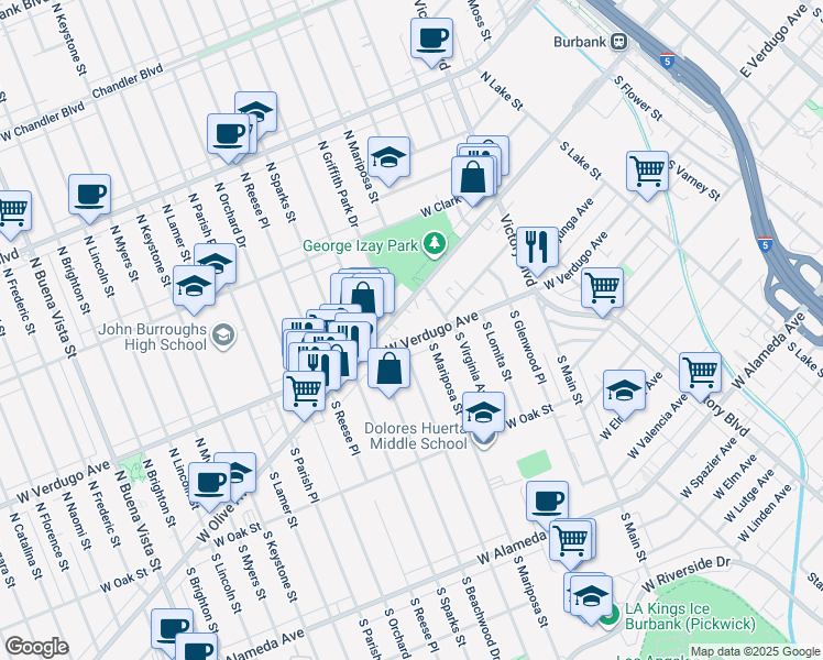 map of restaurants, bars, coffee shops, grocery stores, and more near 1316 West Olive Avenue in Burbank
