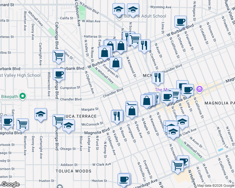 map of restaurants, bars, coffee shops, grocery stores, and more near in Burbank