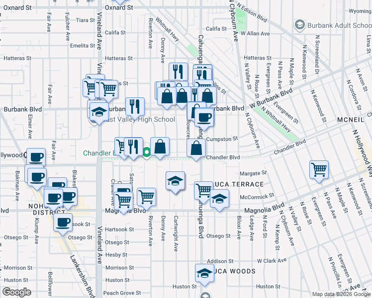 map of restaurants, bars, coffee shops, grocery stores, and more near 5446 Cartwright Avenue in Los Angeles