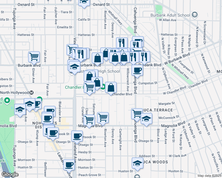 map of restaurants, bars, coffee shops, grocery stores, and more near 5503 Denny Avenue in Los Angeles