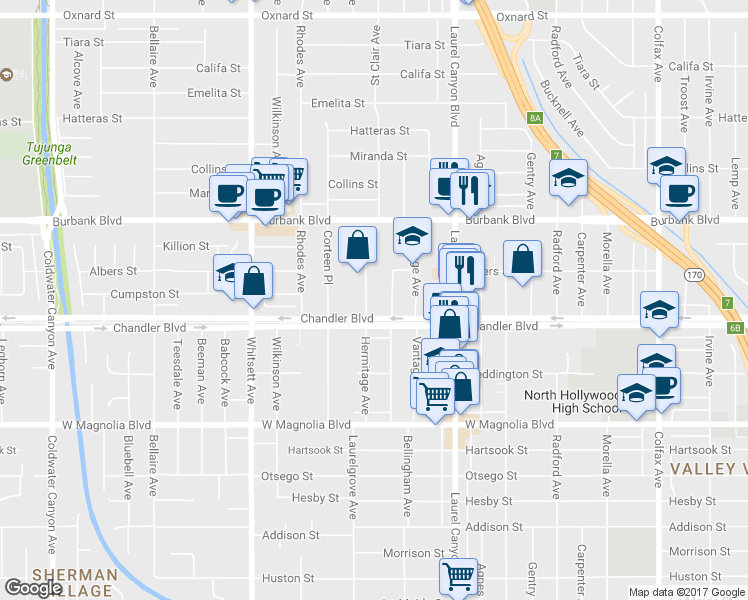 map of restaurants, bars, coffee shops, grocery stores, and more near 5449 Bellingham Avenue in Los Angeles
