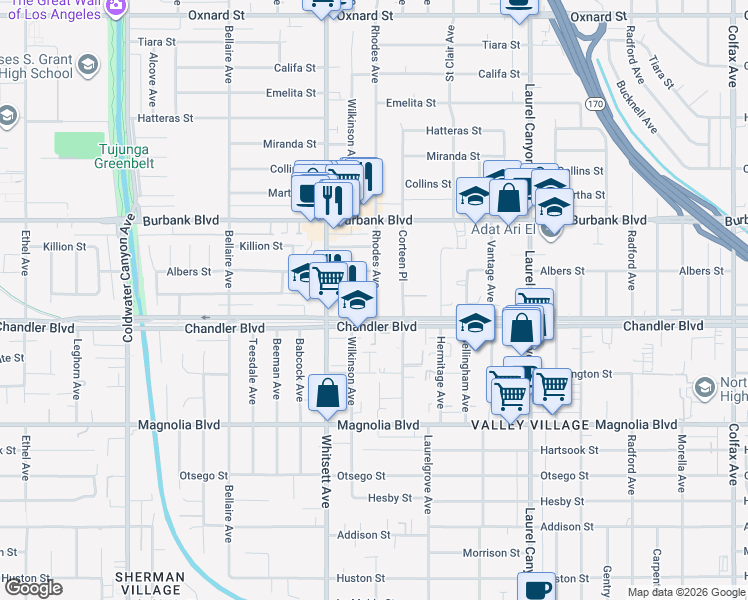 map of restaurants, bars, coffee shops, grocery stores, and more near 5445 Corteen Place in Los Angeles
