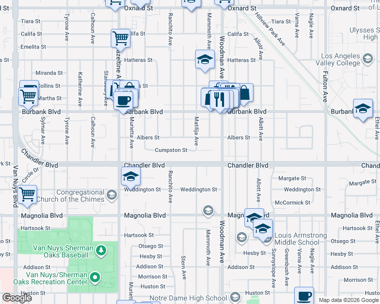 map of restaurants, bars, coffee shops, grocery stores, and more near 13814 Albers Street in Los Angeles