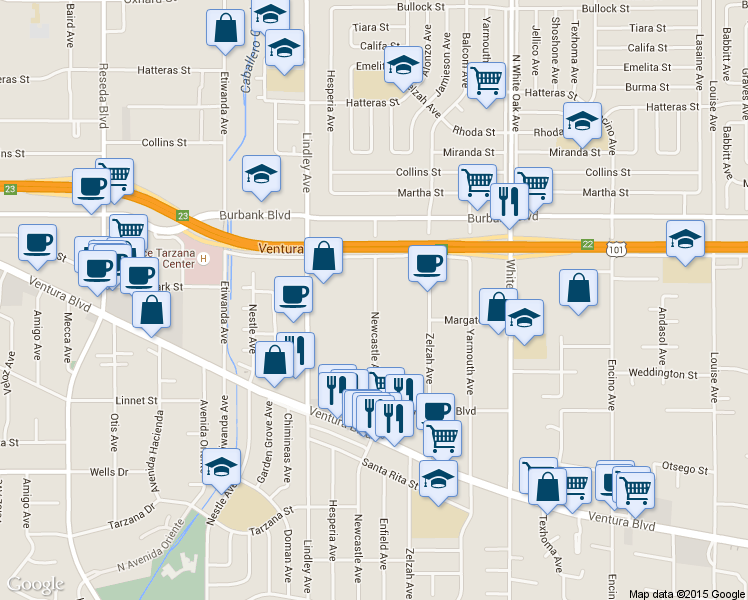 map of restaurants, bars, coffee shops, grocery stores, and more near 5446 Newcastle Avenue in Los Angeles