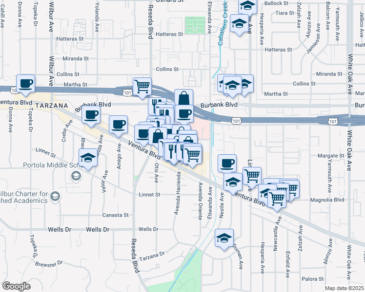 map of restaurants, bars, coffee shops, grocery stores, and more near 18365 Clark Street in Los Angeles