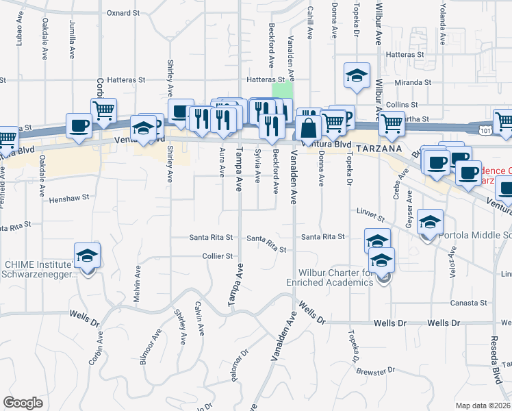 map of restaurants, bars, coffee shops, grocery stores, and more near 5433 Sylvia Avenue in Los Angeles