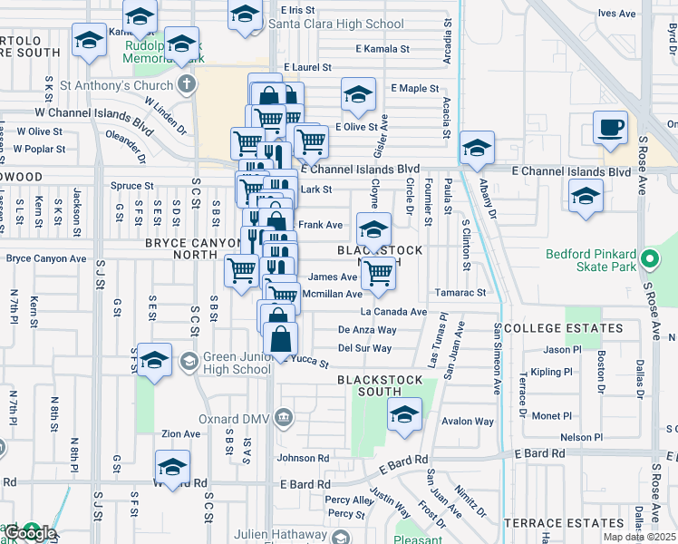 map of restaurants, bars, coffee shops, grocery stores, and more near 167 Thomas Avenue in Oxnard