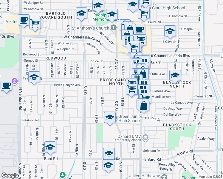 map of restaurants, bars, coffee shops, grocery stores, and more near 447 Bryce Canyon Avenue in Oxnard