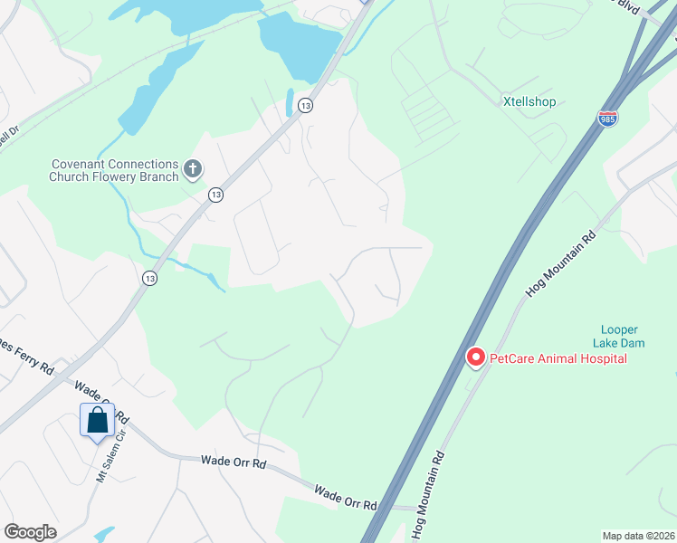 map of restaurants, bars, coffee shops, grocery stores, and more near 6412 Compass Drive in Flowery Branch