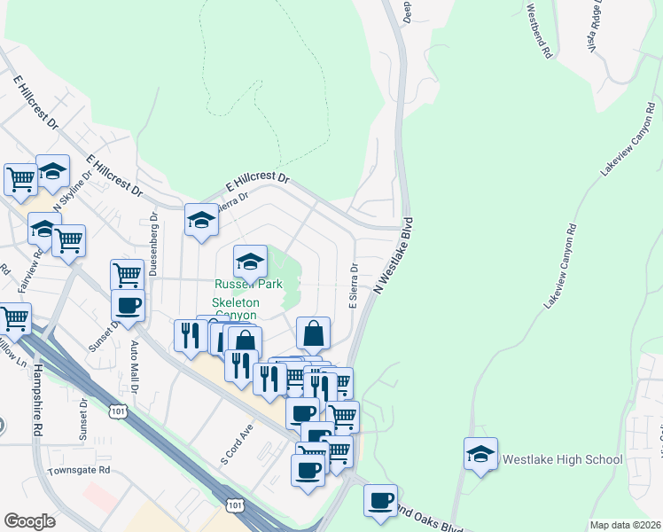 map of restaurants, bars, coffee shops, grocery stores, and more near 3021 East Black Hills Court in Westlake Village
