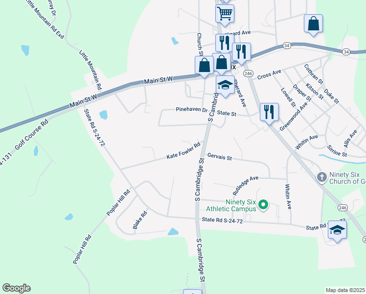 map of restaurants, bars, coffee shops, grocery stores, and more near 174 Kate Fowler Road in Ninety Six
