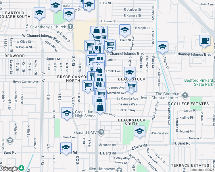 map of restaurants, bars, coffee shops, grocery stores, and more near 111 Thomas Avenue in Oxnard