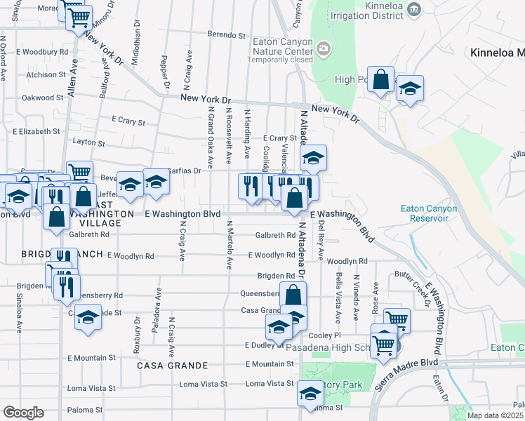 map of restaurants, bars, coffee shops, grocery stores, and more near 2411 East Washington Boulevard in Pasadena
