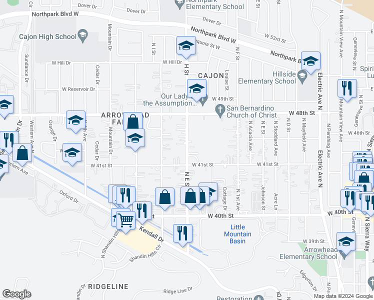 map of restaurants, bars, coffee shops, grocery stores, and more near 4133 North E Street in San Bernardino County