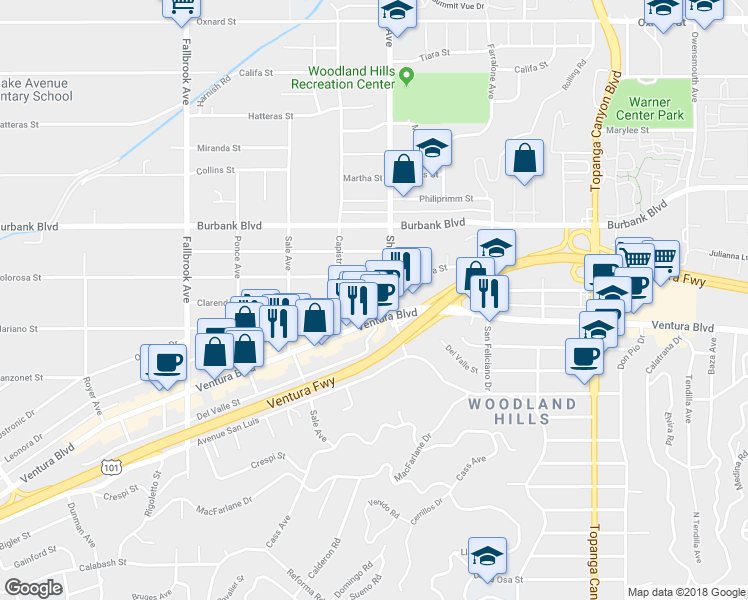 map of restaurants, bars, coffee shops, grocery stores, and more near 22417 Clarendon Street in Woodland Hills