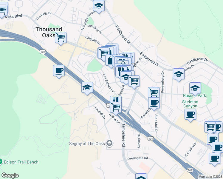map of restaurants, bars, coffee shops, grocery stores, and more near 2 Manzanita Lane in Thousand Oaks