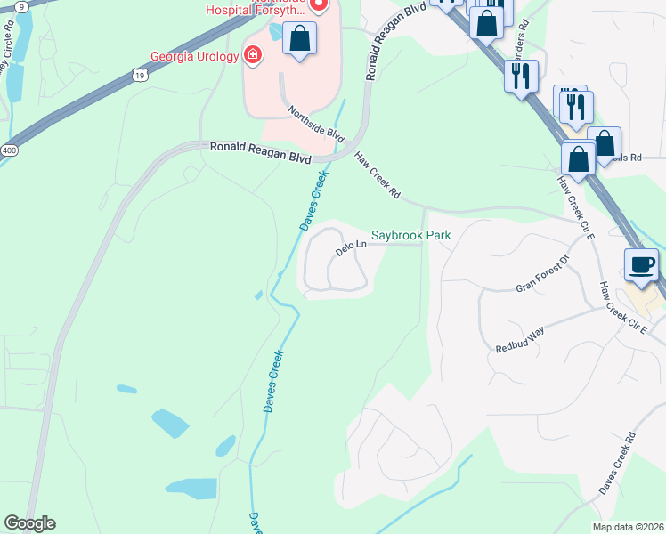 map of restaurants, bars, coffee shops, grocery stores, and more near 1580 Apple Blossom Drive in Cumming