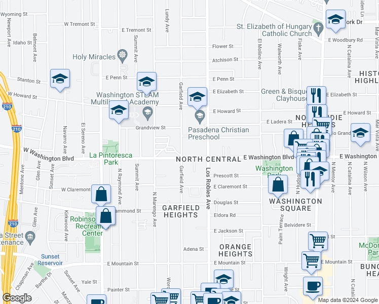map of restaurants, bars, coffee shops, grocery stores, and more near 359 East Washington Boulevard in Pasadena